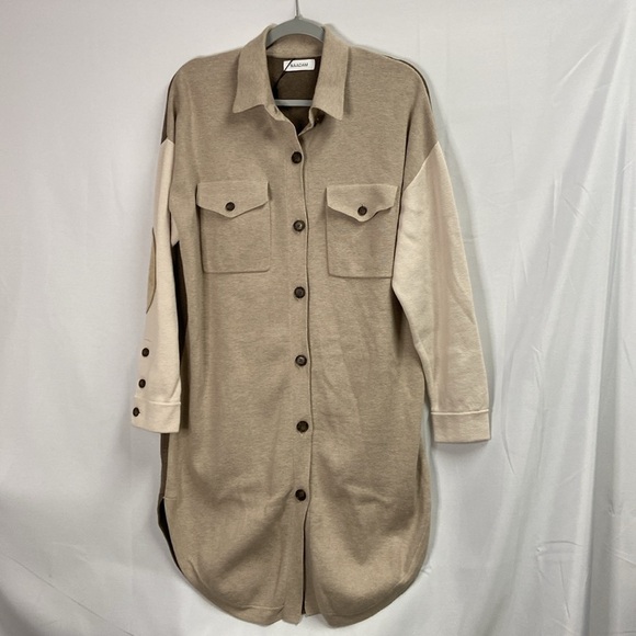 NAADAM Colorblock Long Shirt Jacket Oatmeal Beige Size Small NWT - Picture 3 of 7